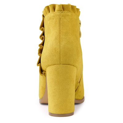 Pointed Toe Ruffle Block Heel Side Zipper Ankle Boots