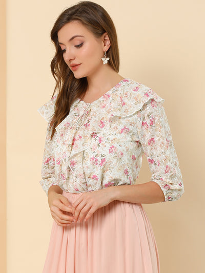 Ruffled Tie-Neck Lapel Elbow Sleeve Floral Embroidery Blouse