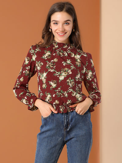 Ruffled Floral Printed Vintage Collared Smocked Waist Blouse