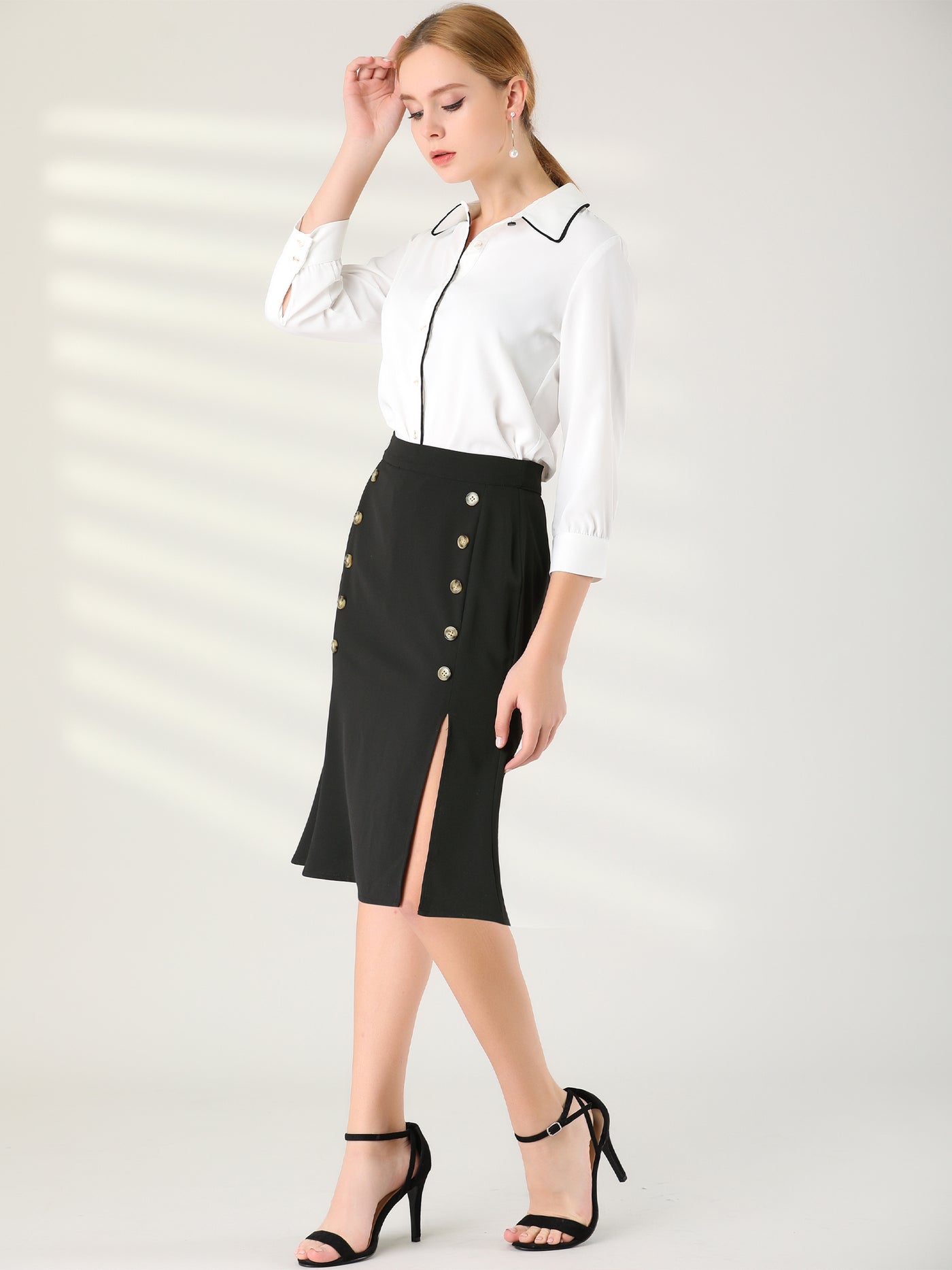 Allegra K Work Button Decor Elastic Waist Split Office Business Skirt