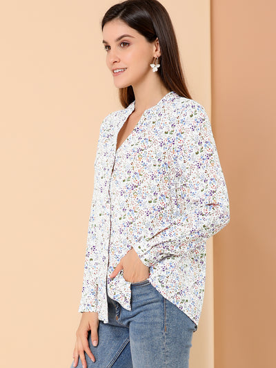 Chiffon Floral Tops V Neck Long Sleeve Button-Up Blouse Shirt