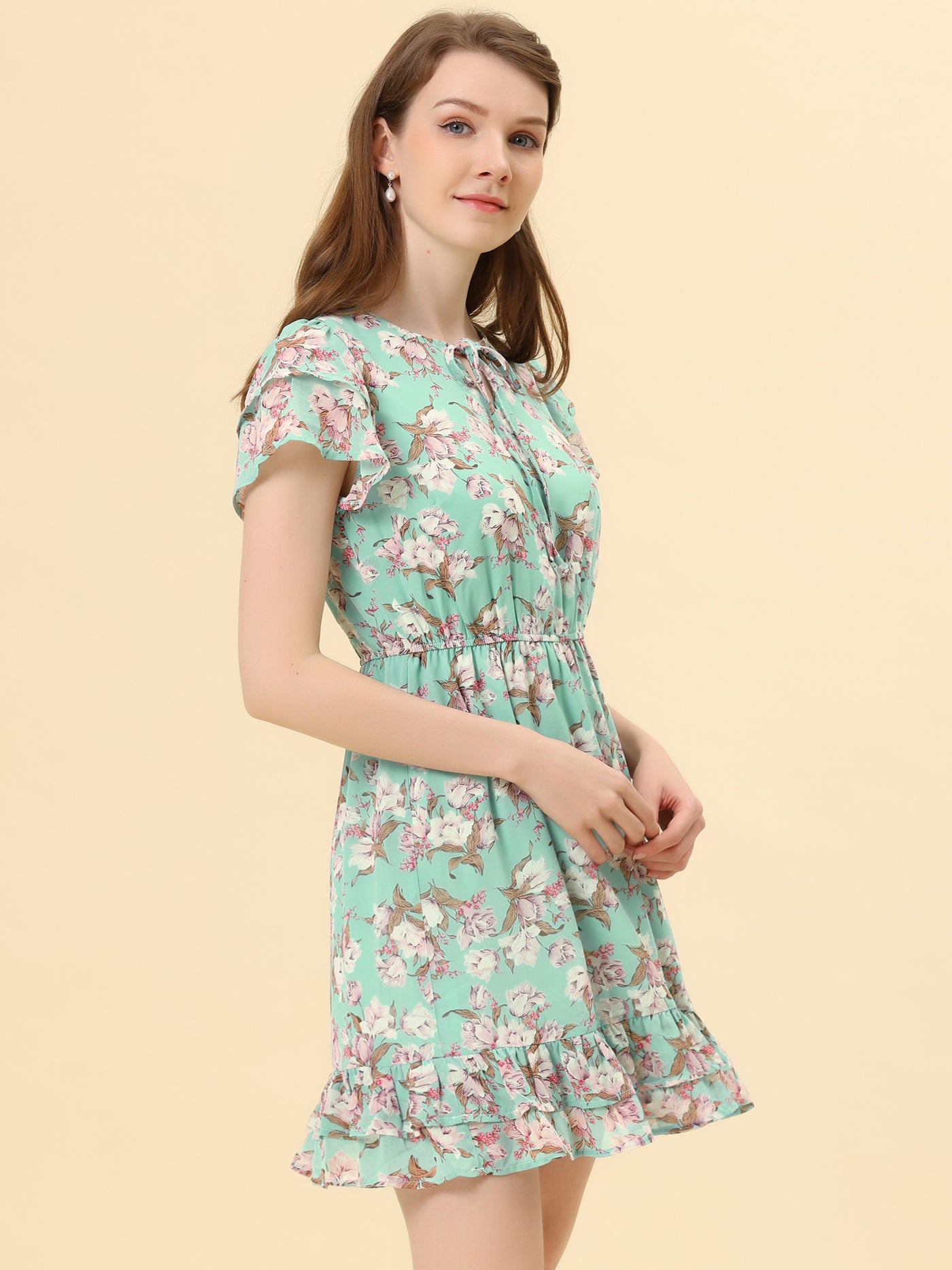 Allegra K Ruffle Sleeve Self-Tie V Neck Above Knee A-Line Floral Chiffon Dress