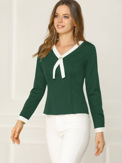 Contrast Trim V Neck Long Sleeve Casual Office Blouse Top