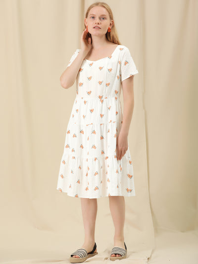 Cotton Frilled Sweetheart Neck A-Line Midi Floral Dress