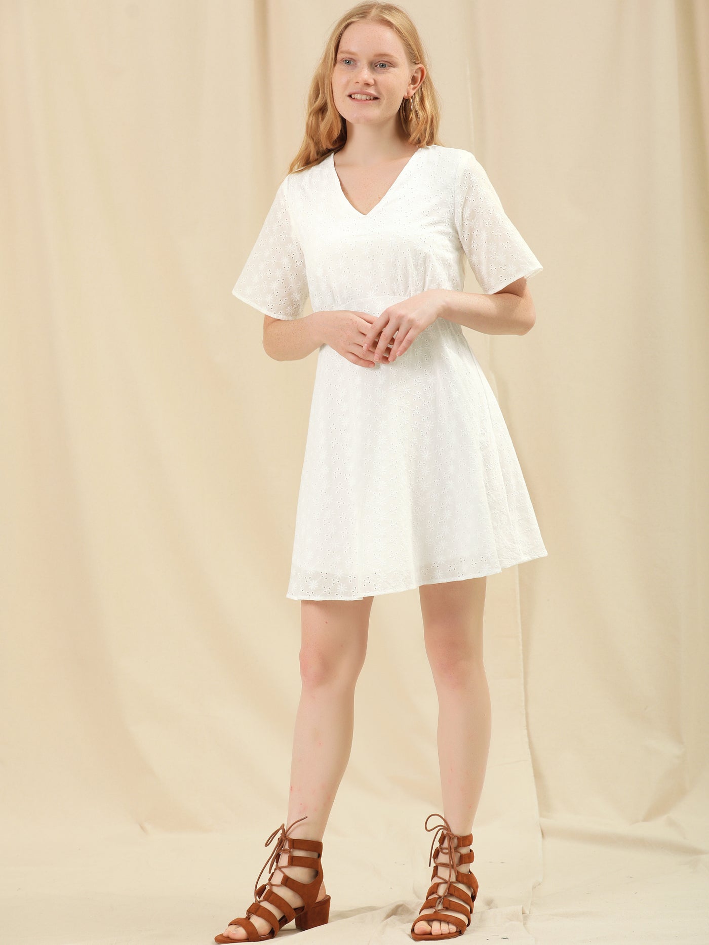 Allegra K 100% Cotton V Neck Summer A-line Mini Embroidery Dress