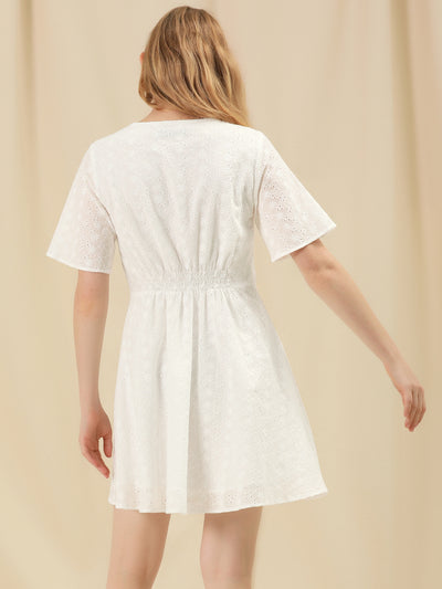 100% Cotton V Neck Summer A-line Mini Embroidery Dress