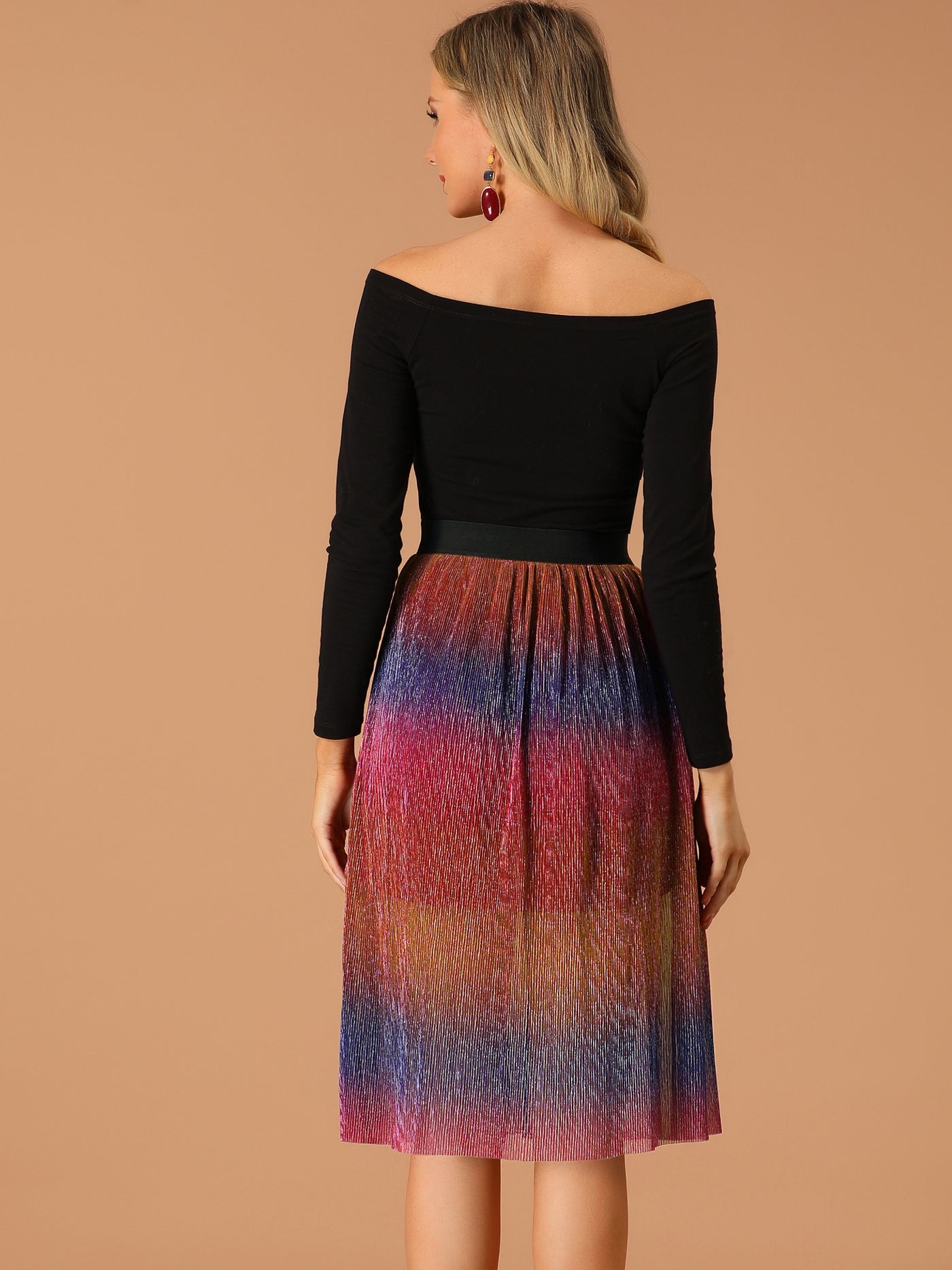 Allegra K Rainbow Elastic Waist Metallic Shiny Swing Party Skirt