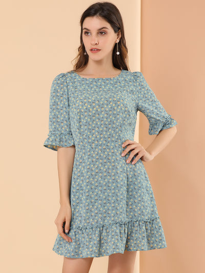 Puff Sleeve Ditsy Floral Boat Neck Summer A-Line Ruffle Dress