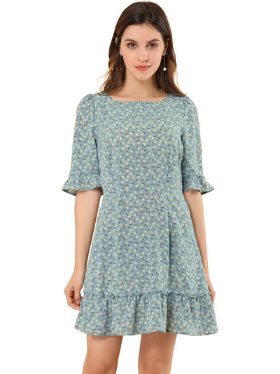 Puff Sleeve Ditsy Floral Boat Neck Summer A-Line Ruffle Dress