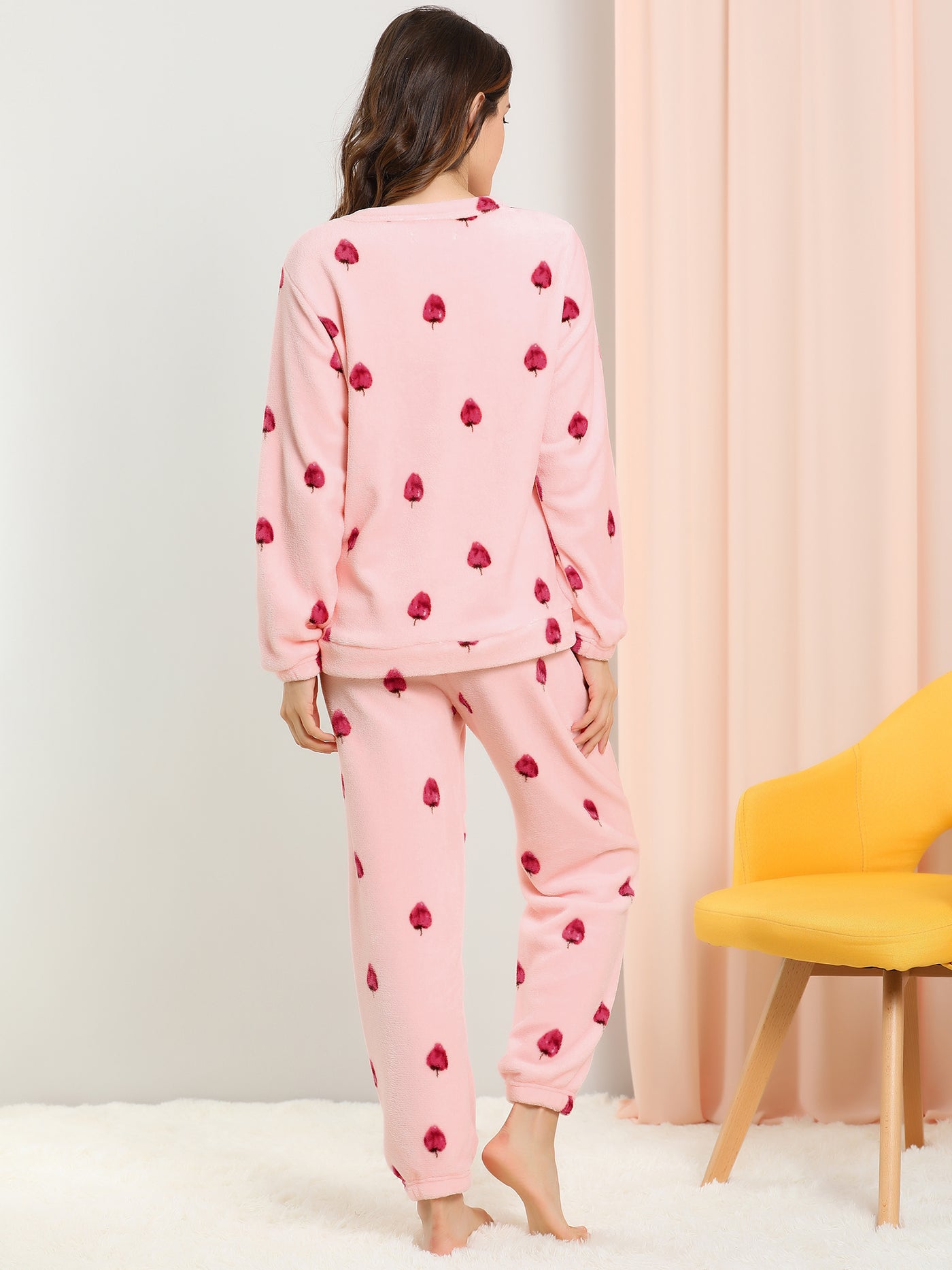 Allegra K Cute Printed Long Sleeve Nightwear Flannel Pajama Sets Sleepwears