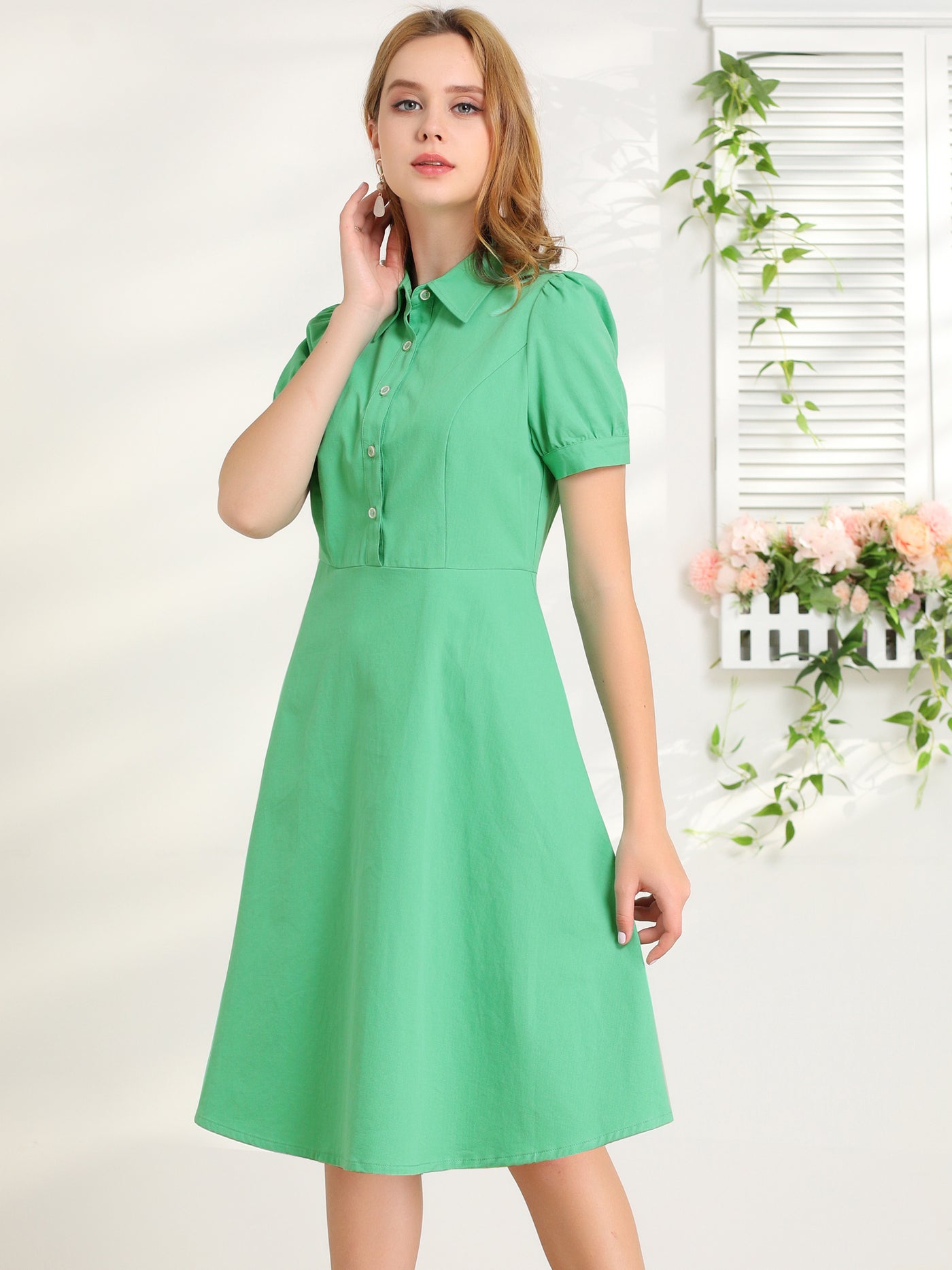 Allegra K Green Summer Button Down Puff Short Sleeve Cotton A-Line Dress