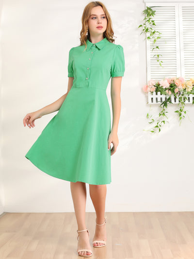 Green Summer Button Down Puff Short Sleeve Cotton A-Line Dress