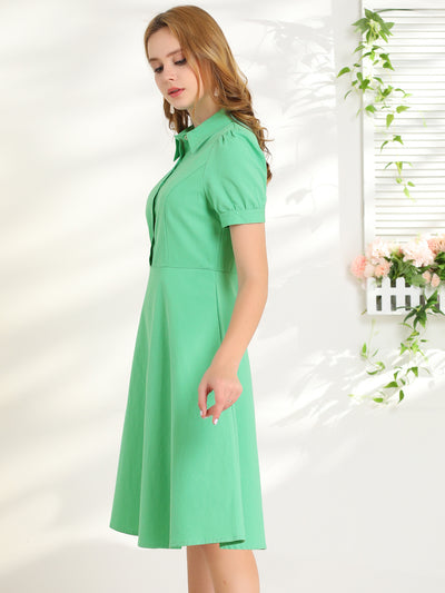 Green Summer Button Down Puff Short Sleeve Cotton A-Line Dress