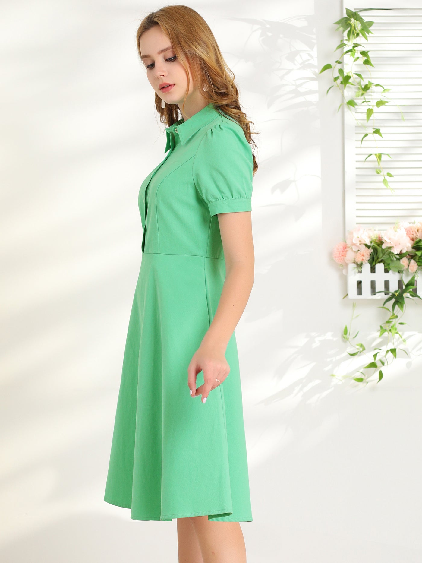 Allegra K Green Summer Button Down Puff Short Sleeve Cotton A-Line Dress