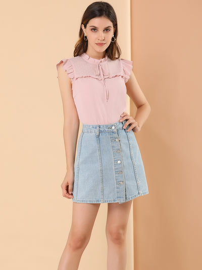 Chiffon Tops Ruffle Stand Collar Tie Front Cap Sleeve Summer Blouse