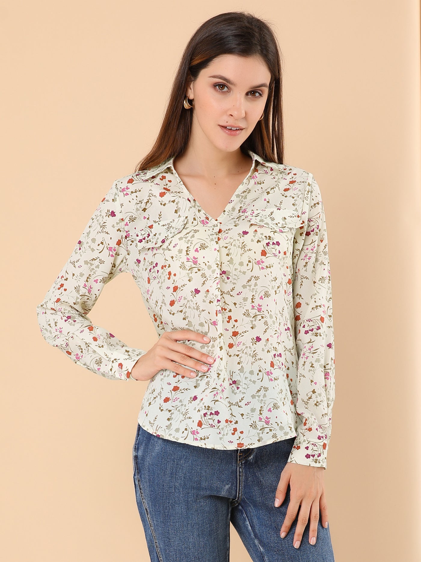 Allegra K Elegant V-Neck Shirt Floral Faux Pocket Long Sleeve Blouse