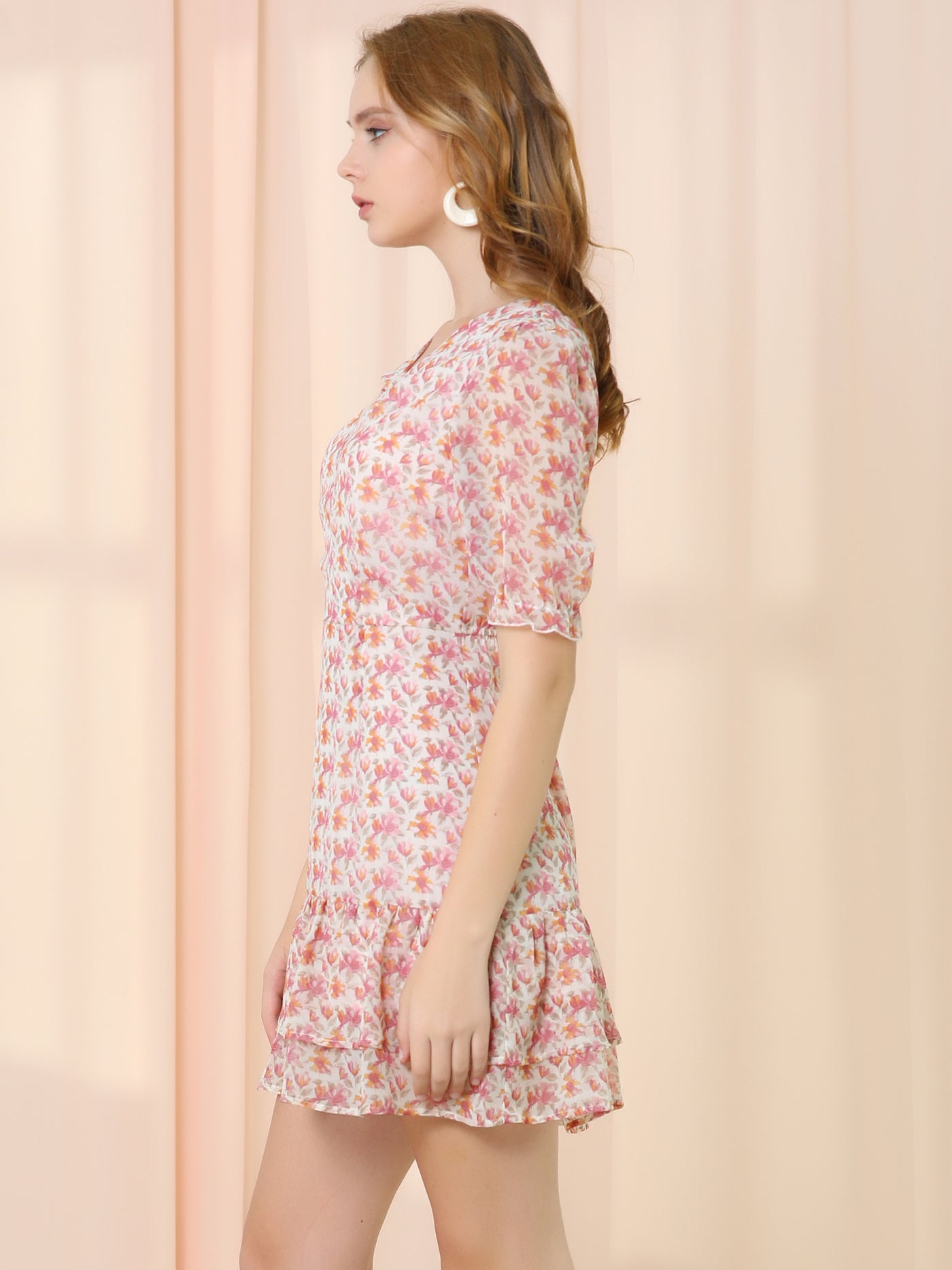 Allegra K Short Sleeve Layered Ruffled Hem Watercolor Floral Chiffon Dress