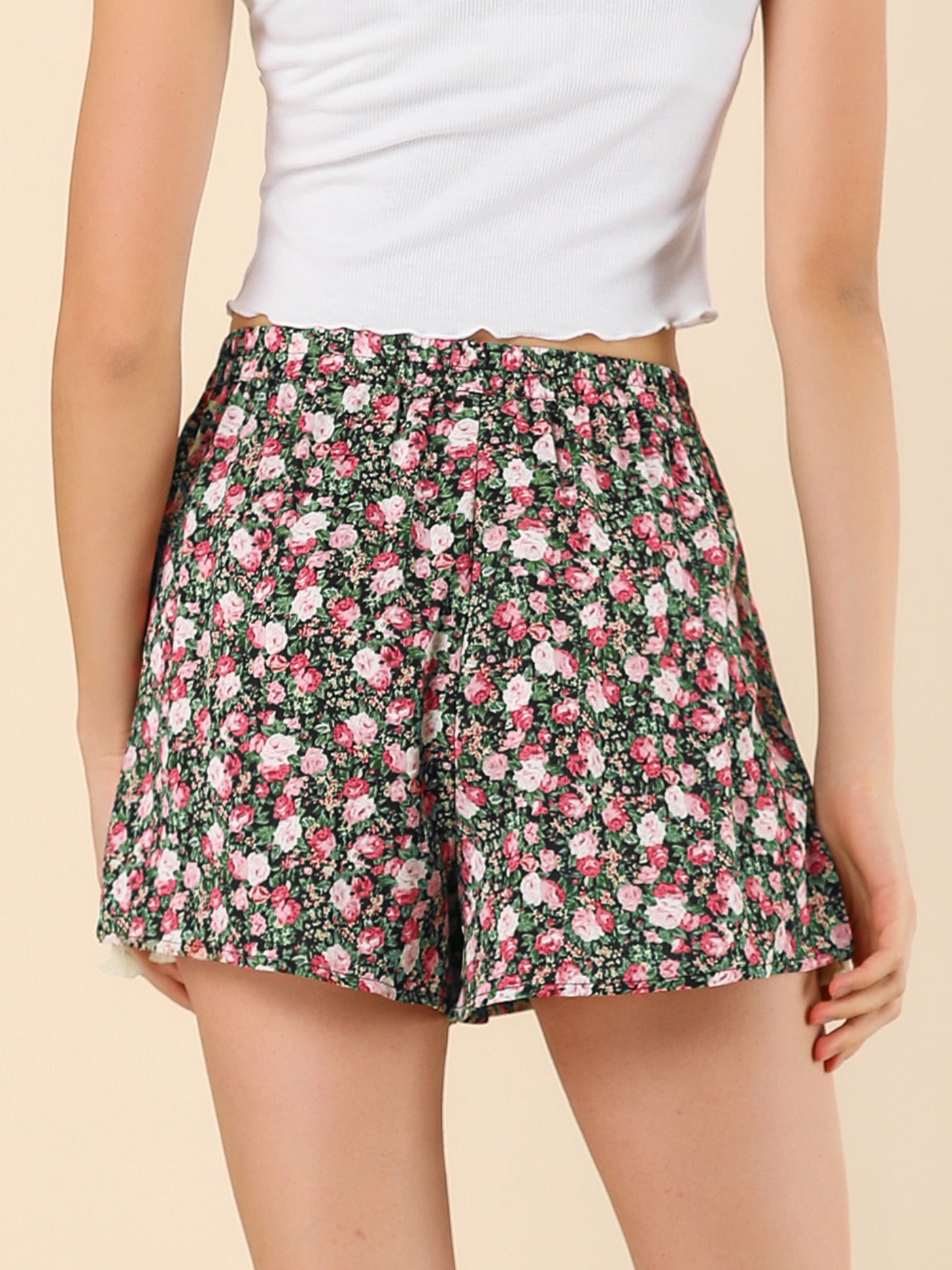 Allegra K Casual Tassel Elastic Waist Summer Beach Loose Floral Shorts