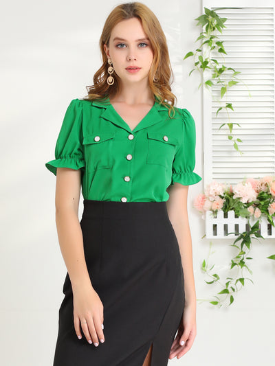 Casual Office Shirt Notched Lapel Button Puff Sleeve Vintage Blouse