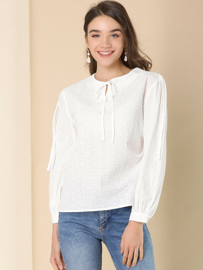 Casual Cotton Tie Neck Blouse Long Sleeve Shirt Tops