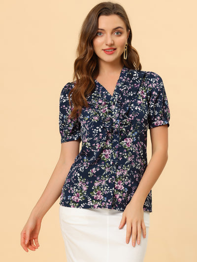 Summer Short Sleeve V Neck Ruffle Floral Button Down Shirt Top