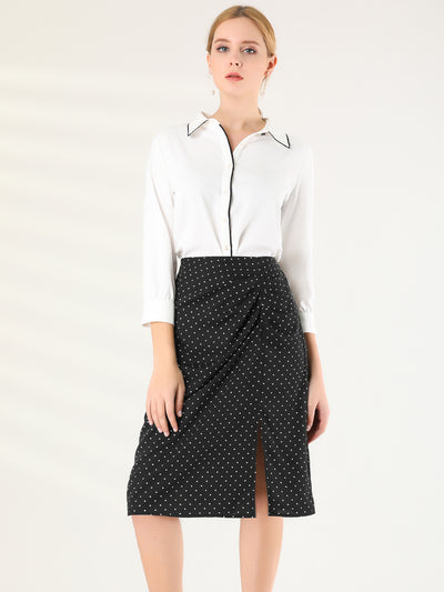Pleated Front Split Elastic Back Work Office Polka Dots Skirt
