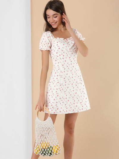 Allegra K Floral Puff Sleeve Sweetheart Neckline Ruched Front Ruffled Dress