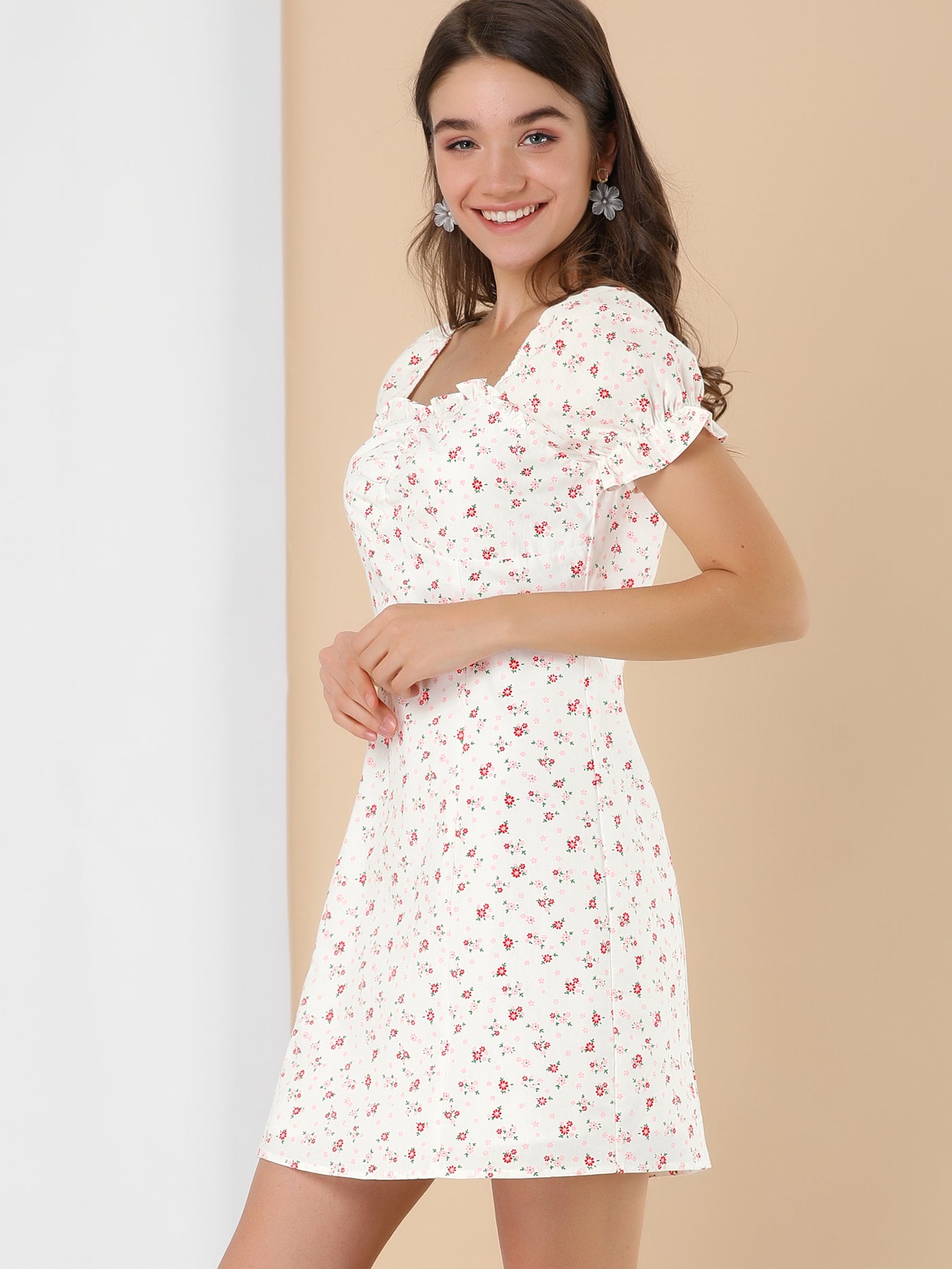 Allegra K Floral Puff Sleeve Sweetheart Neckline Ruched Front Ruffled Dress