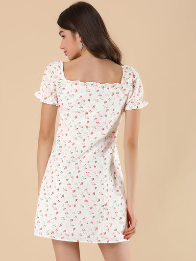Floral Puff Sleeve Sweetheart Neckline Ruched Front Ruffled Dress