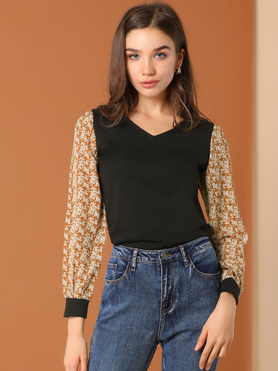 Casual Leopard Print V Neck Patchwork Long Sleeve Tops T-Shirt