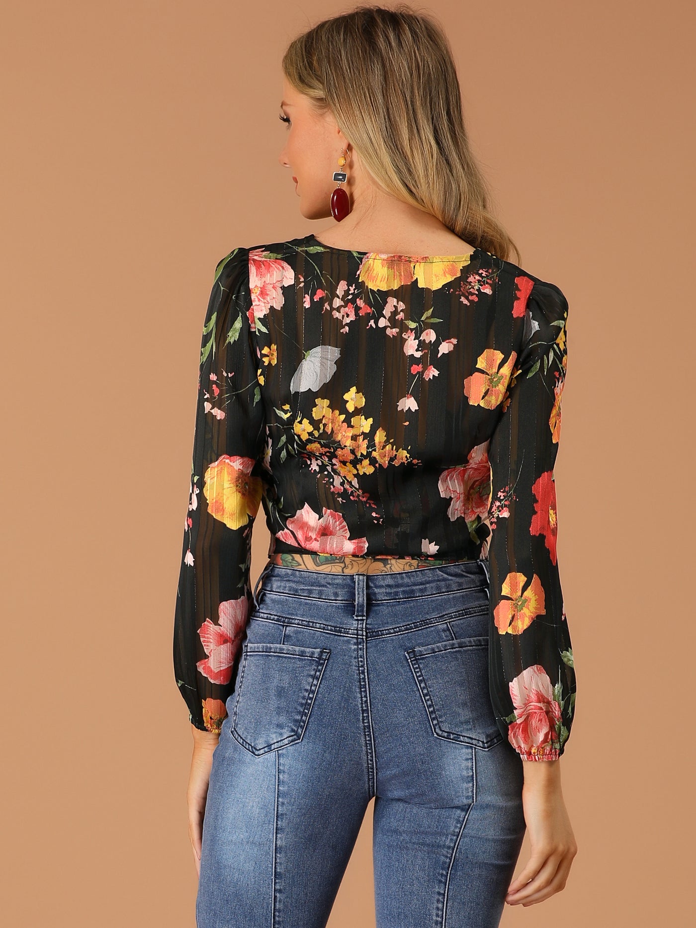 Allegra K Floral Chiffon Blouse V Neck Tie Knot Puff Long Sleeve Crop Top