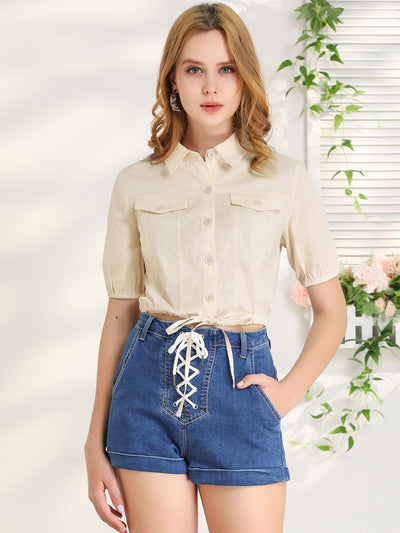 Allegra K Button Up Short Sleeve Tops Drawstring Summer Cotton Crop Shirt