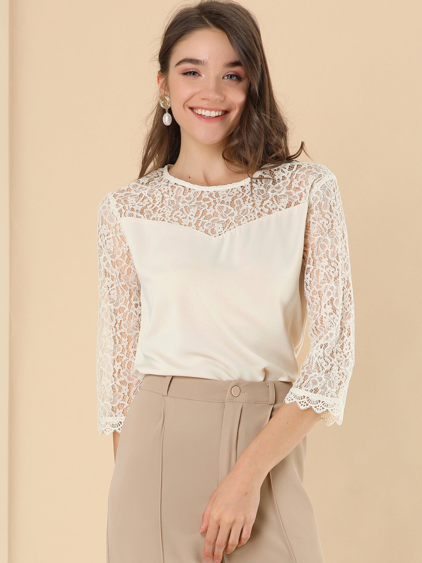 Allegra K Elegant Lace Sheer See Through Top 3/4 Sleeve Office Blouse