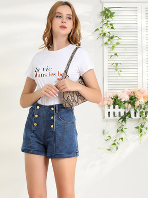 Double Breasted High Waist Mini Button Front Jeans Denim Shorts