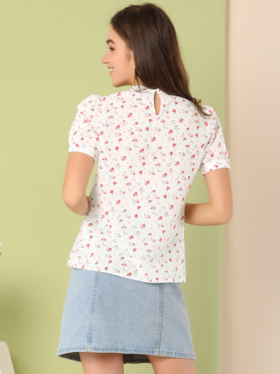 Casual Short Sleeve Keyhole Back Stand Collar Floral Blouse