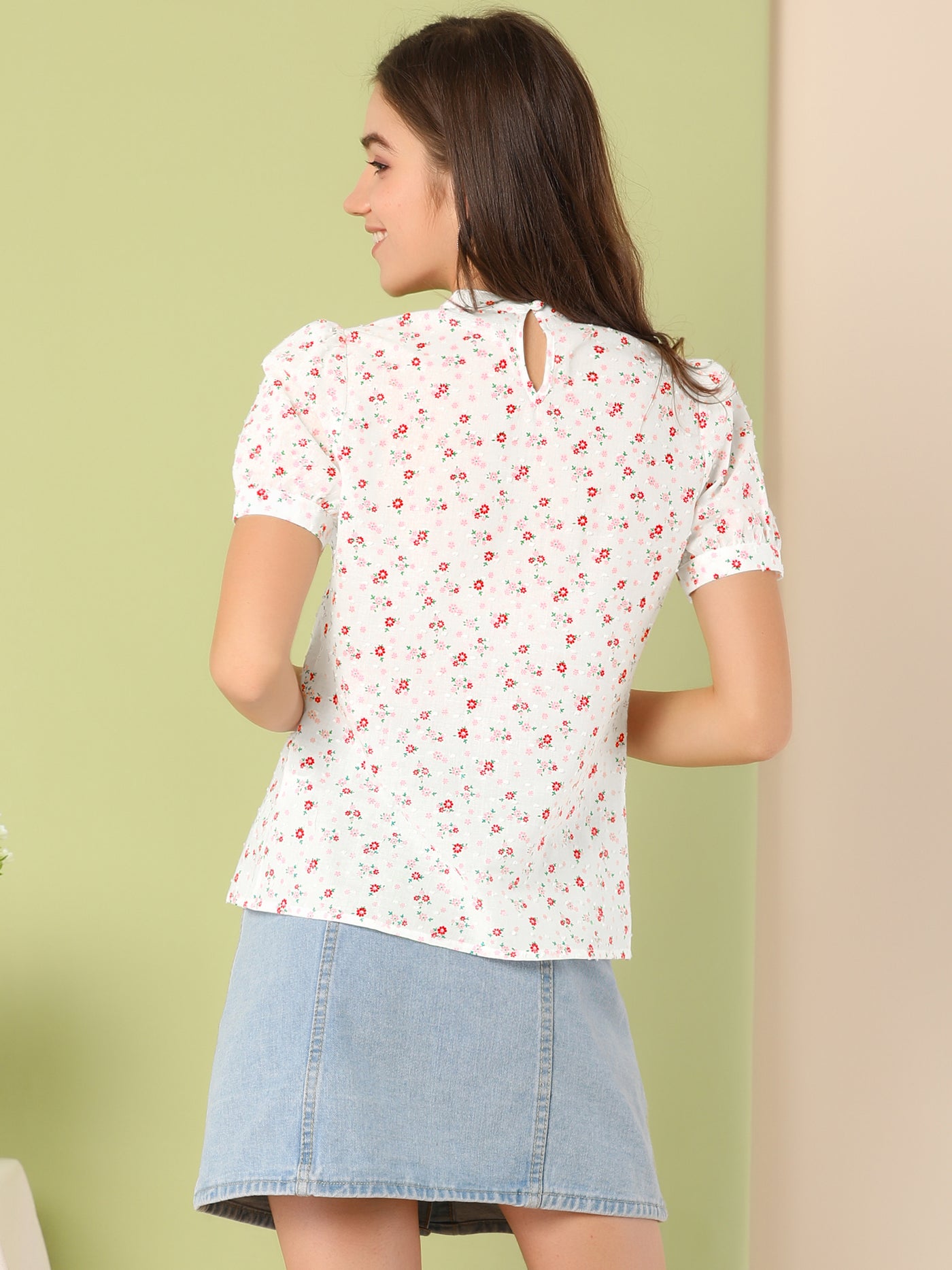 Allegra K Casual Short Sleeve Keyhole Back Stand Collar Floral Blouse