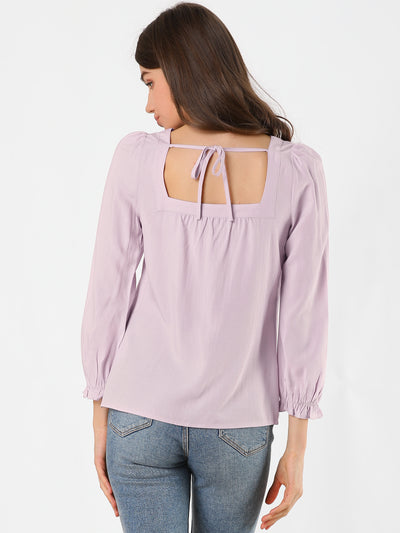 Button Down Puff Sleeve Elastic Cuff Square Neck Blouse
