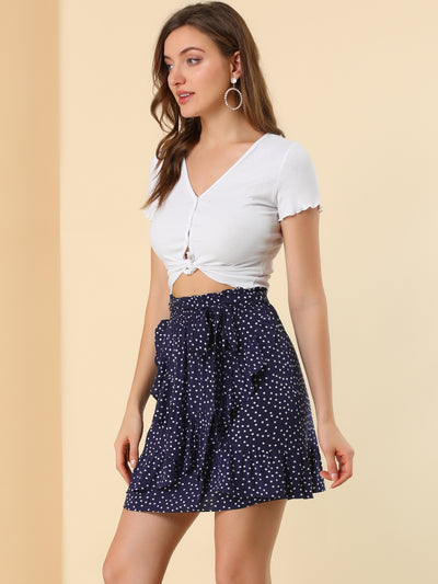 Polka Dots Bow Tie Elastic Waist Summer Ruffle Mini Skirt