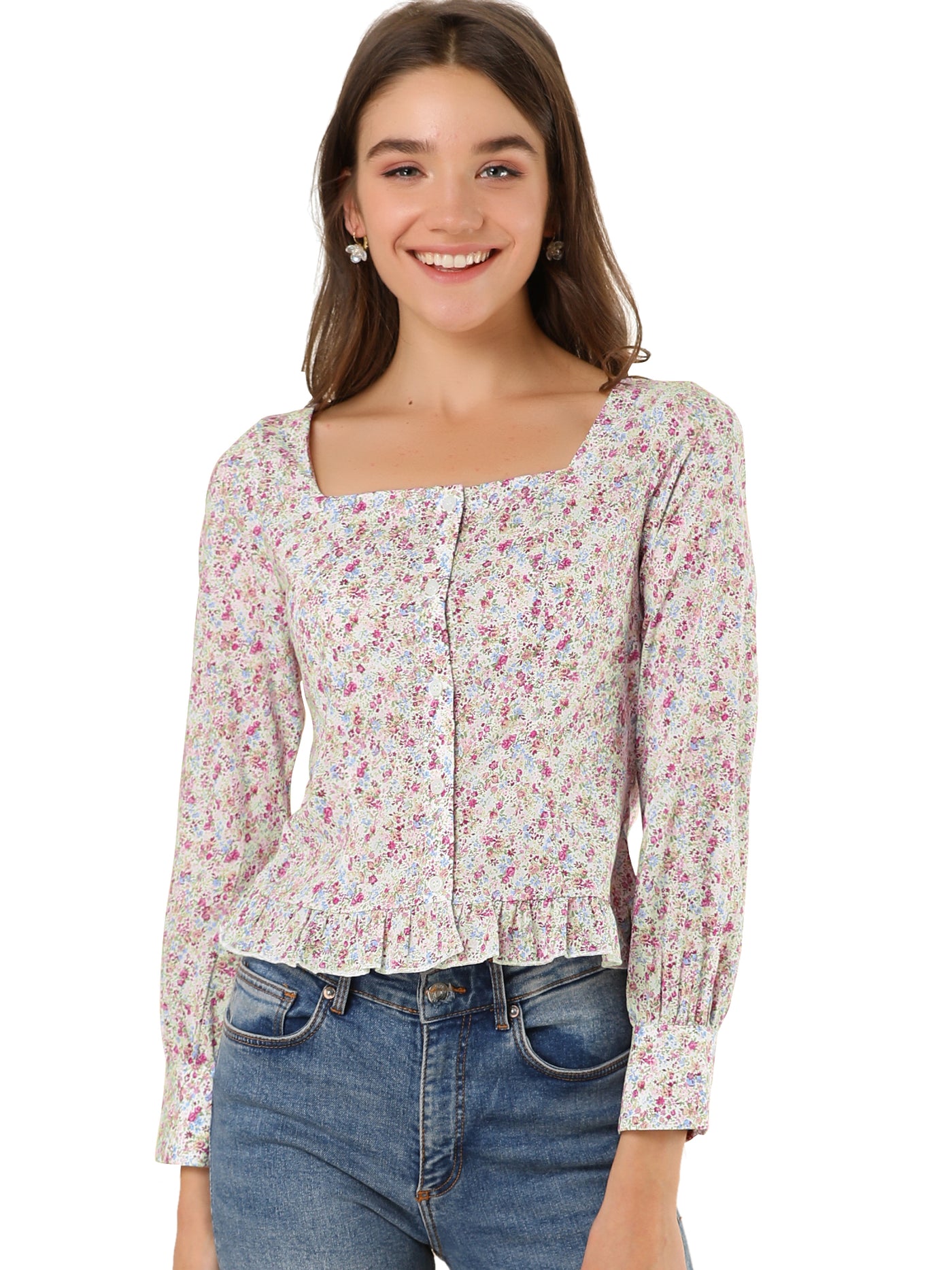 Allegra K Square Neck Ruffle Shirt Long Sleeve Crop Top Floral Blouse