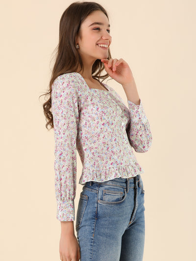 Square Neck Ruffle Shirt Long Sleeve Crop Top Floral Blouse