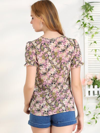Summer Floral Print Tie Neck Keyhole Ruffled Short Sleeve Blouse Tops