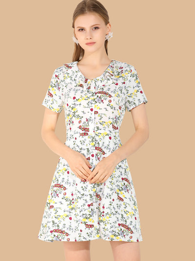 Ruffle Neck Short Sleeve Button Closure Chiffon Floral A-Line Dress