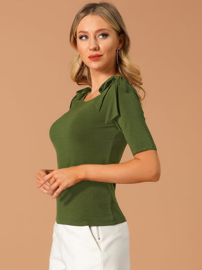 Boat Neck Tops Stretchy Elegant Summer Elbow Sleeve Blouse Top