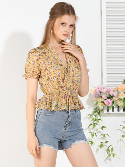 Ruffle Tie V Neck Elegant Top Puff Sleeve Floral Blouse