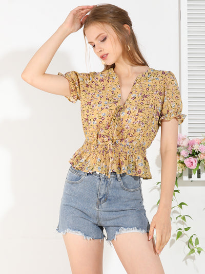 Ruffle Tie V Neck Elegant Top Puff Sleeve Floral Blouse