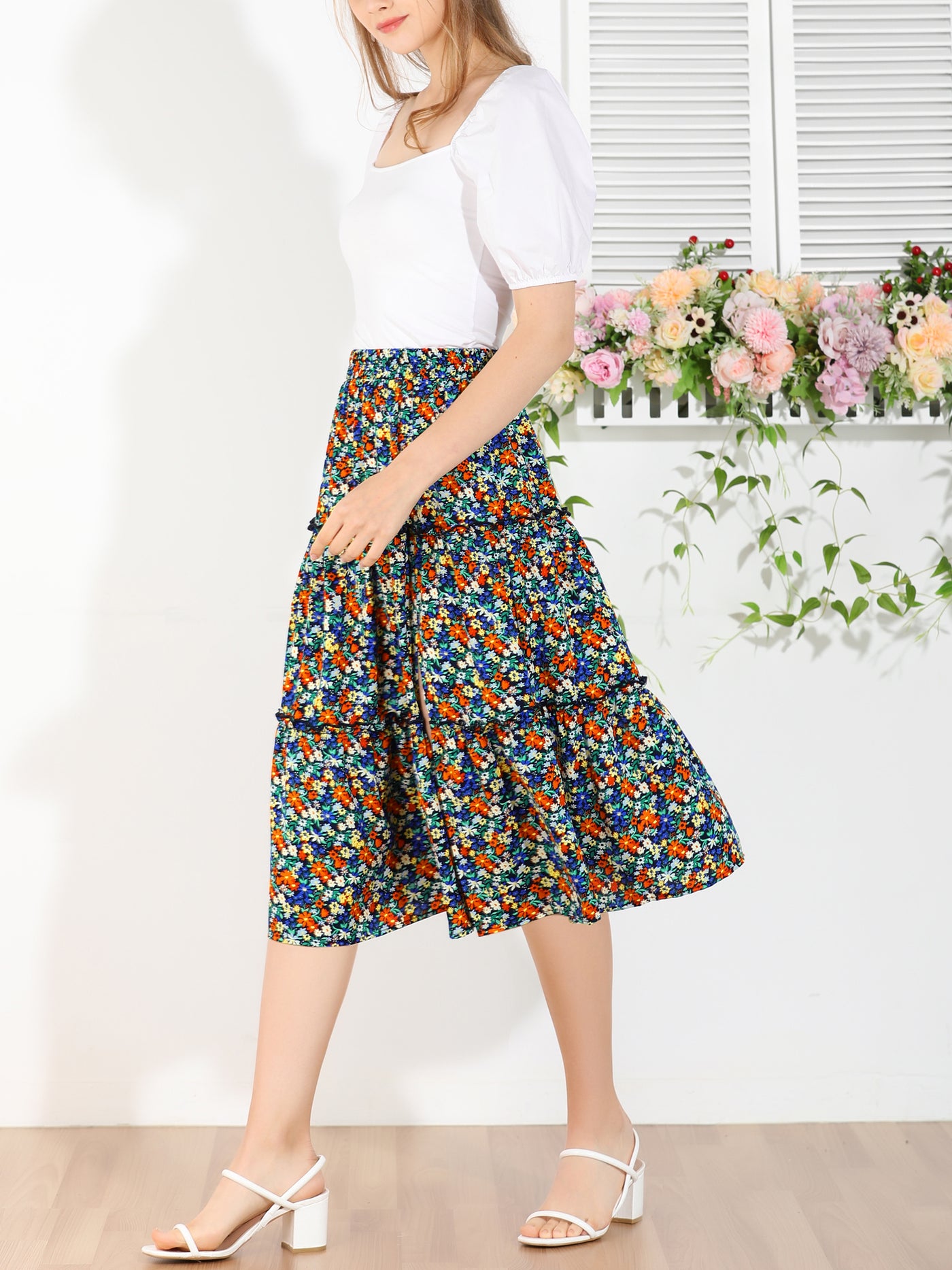 Allegra K Floral Print Elastic Waist Below Knee Split Ruffle Tiered Skirt