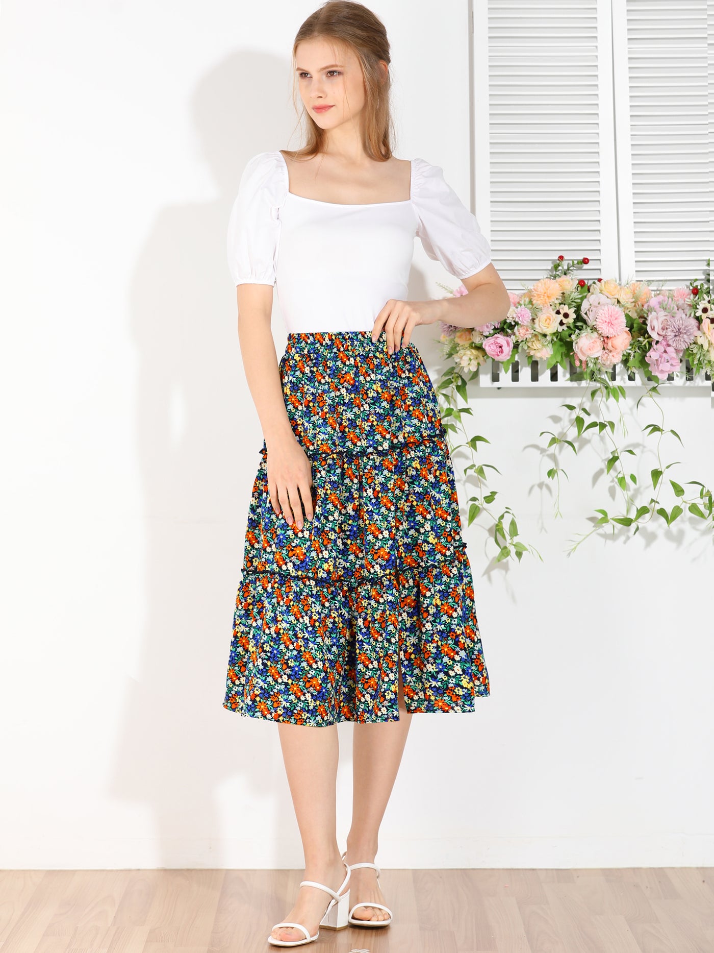 Allegra K Floral Print Elastic Waist Below Knee Split Ruffle Tiered Skirt