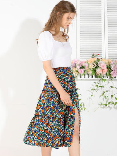 Floral Print Elastic Waist Below Knee Split Ruffle Tiered Skirt