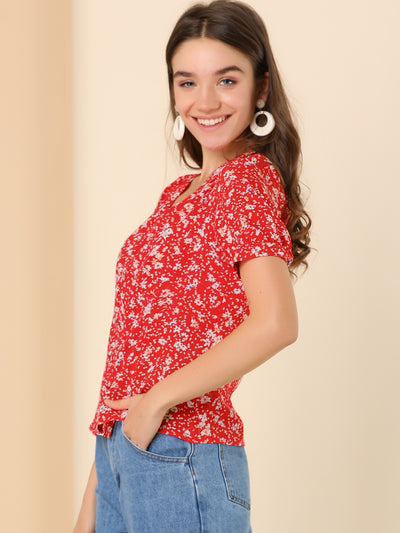 Retro Puff Sleeve V Neck Button Front Pleated Floral Shirt Blouse