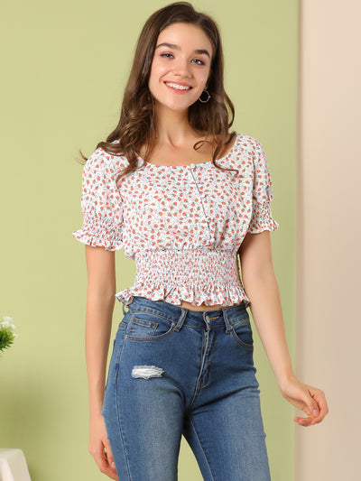 Floral Square Neck Cute Ruffle Smocked Crop Top